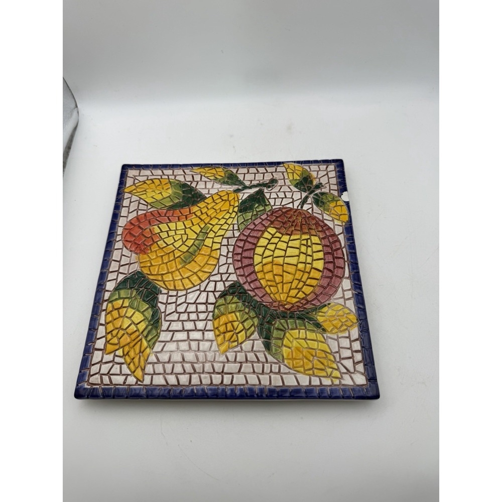 Vintage Italian Mosaic Fruit Ceramic Trivet Wall Plaque 8" Pear Peach Made Italy